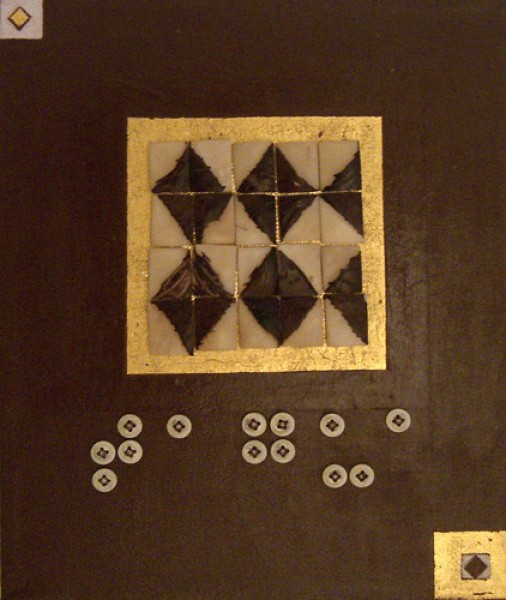 "Tagua"
Acryl auf Leinwand, Taguastücke(Steinnuss)und-Knöpfe und Blattgold
Tastbaresbild
